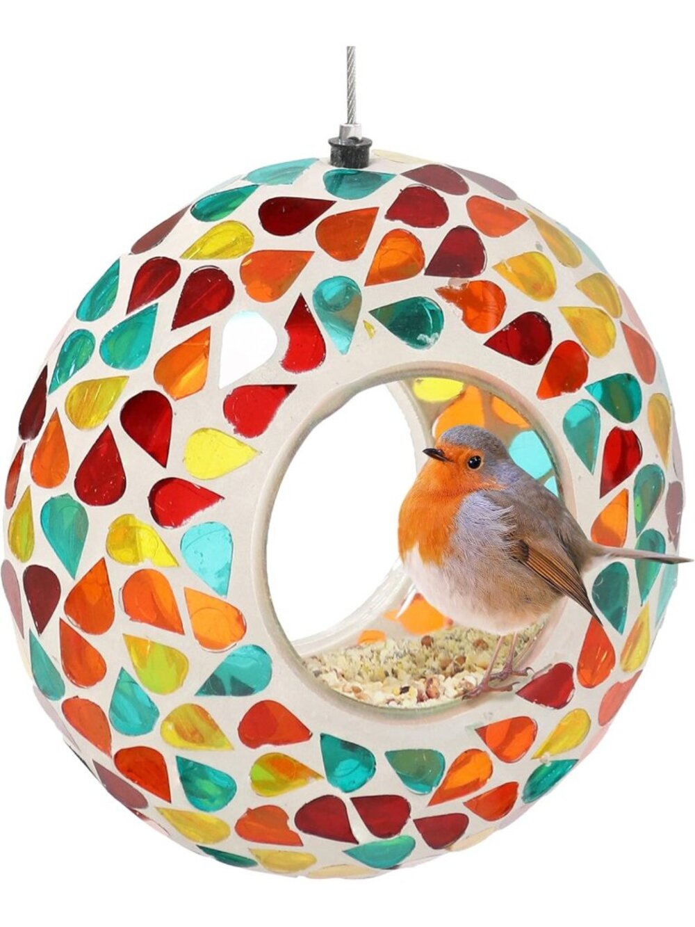 Colorful 6-Inch Glass Mosaic Hanging Bird Feeder - Outdoor Fly-Through Feeder